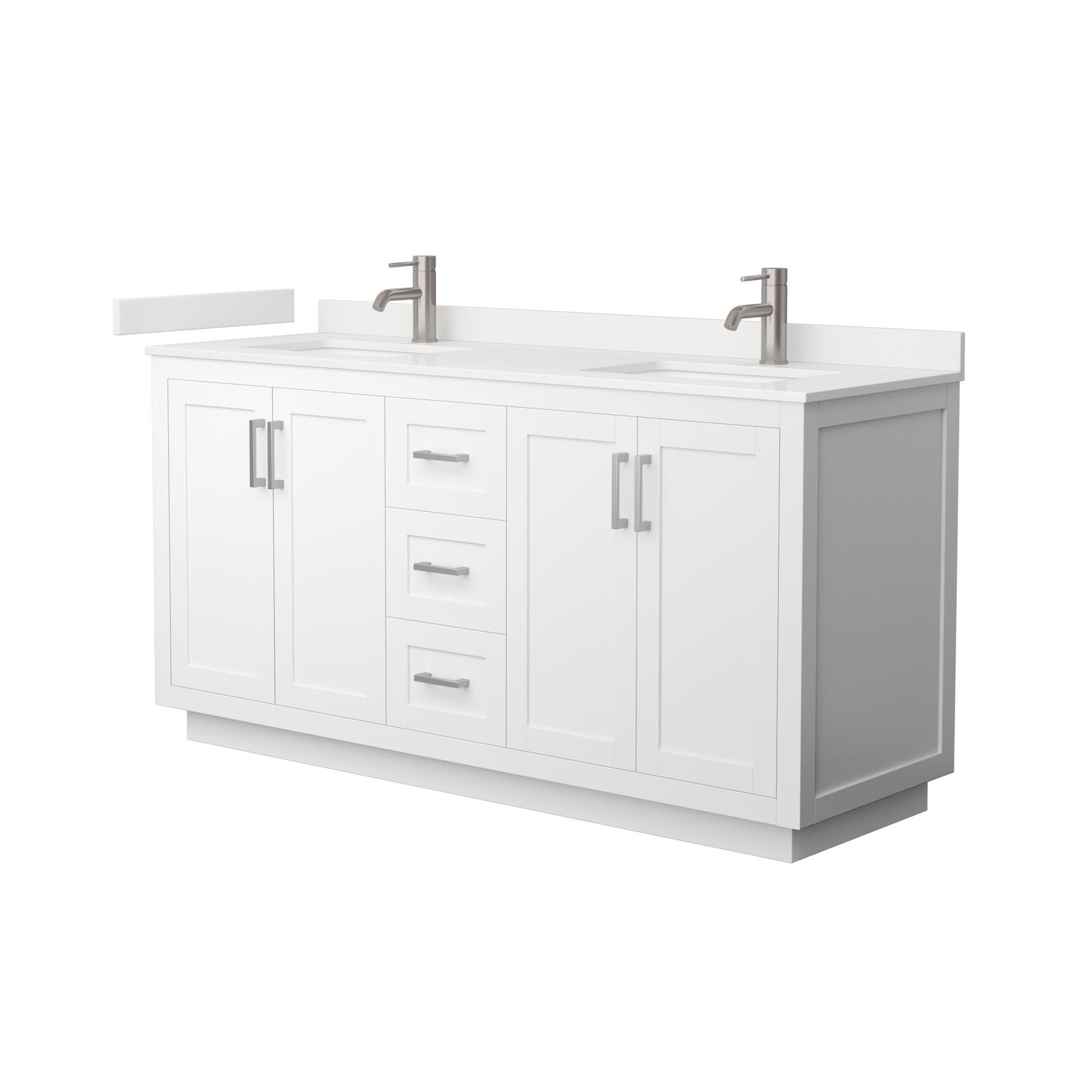 Wyndham Collection Miranda 66" Double Bathroom Vanity in White, White Quartz Countertop, Undermount Square Sinks (1-Hole), Brushed Nickel Trim
