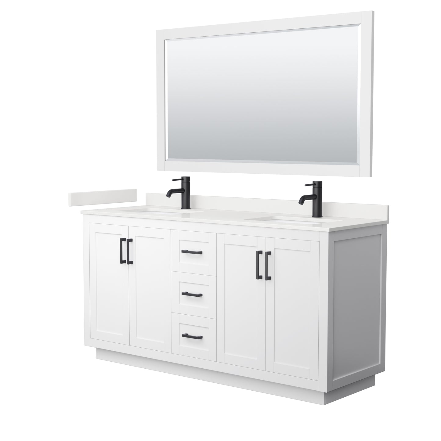 Wyndham Collection Miranda 66" Double Bathroom Vanity in White, White Quartz Countertop, Undermount Square Sinks (1-Hole), Matte Black Trim, 58" Mirror