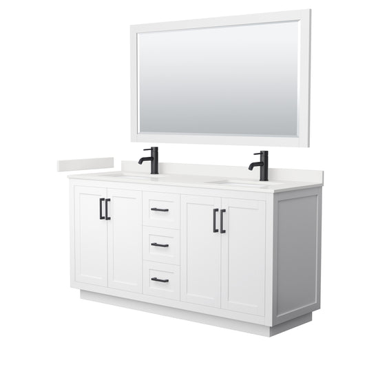 Wyndham Collection Miranda 66" Double Bathroom Vanity in White, White Quartz Countertop, Undermount Square Sinks (1-Hole), Matte Black Trim, 58" Mirror