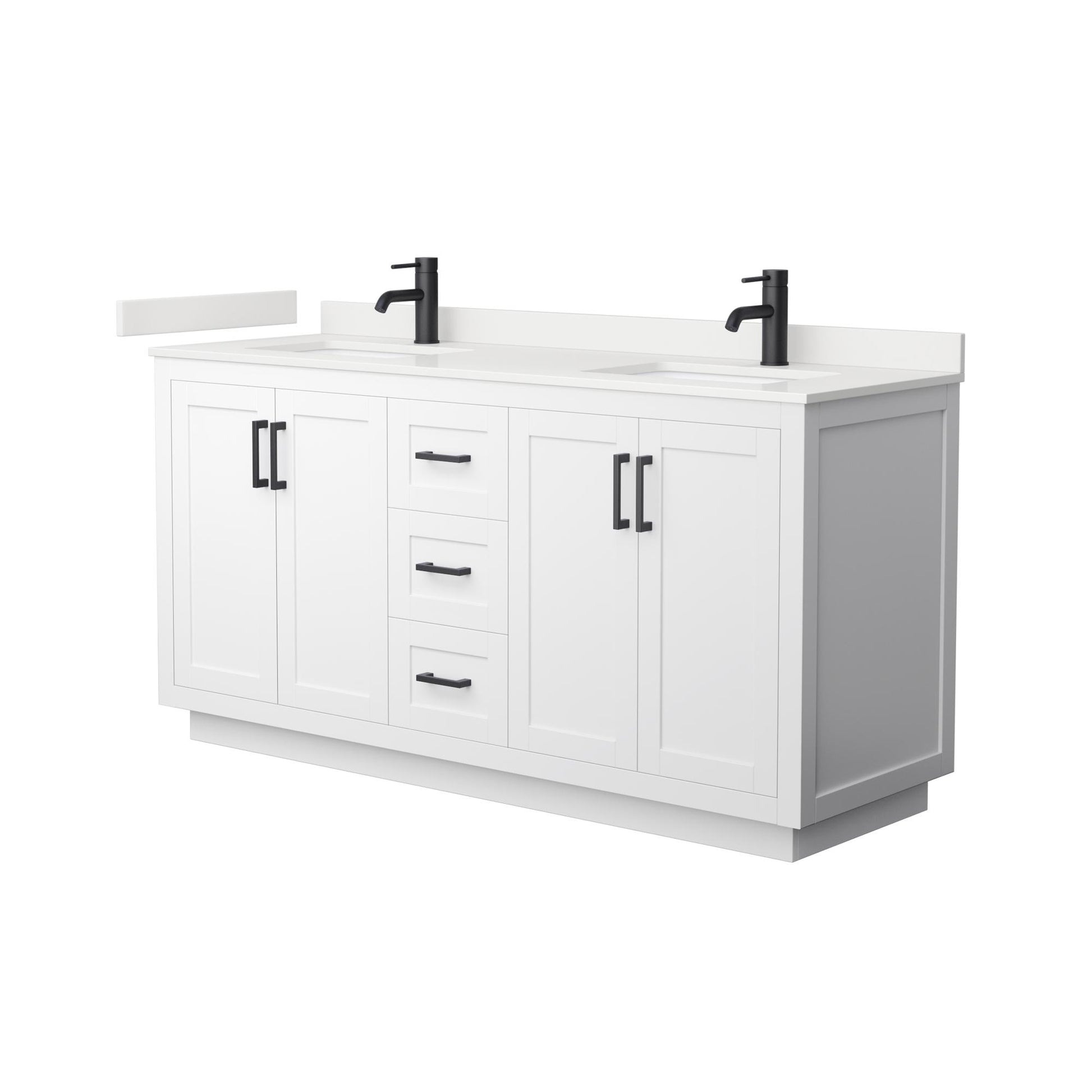Wyndham Collection Miranda 66" Double Bathroom Vanity in White, White Quartz Countertop, Undermount Square Sinks (1-Hole), Matte Black Trim