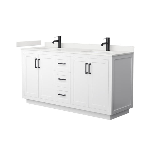 Wyndham Collection Miranda 66" Double Bathroom Vanity in White, White Quartz Countertop, Undermount Square Sinks (1-Hole), Matte Black Trim