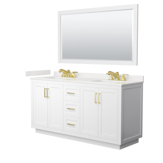 Wyndham Collection Miranda 66" Double Bathroom Vanity in White, White Quartz Countertop, Undermount Square Sinks (3-Hole), Brushed Gold Trim, 58" Mirror