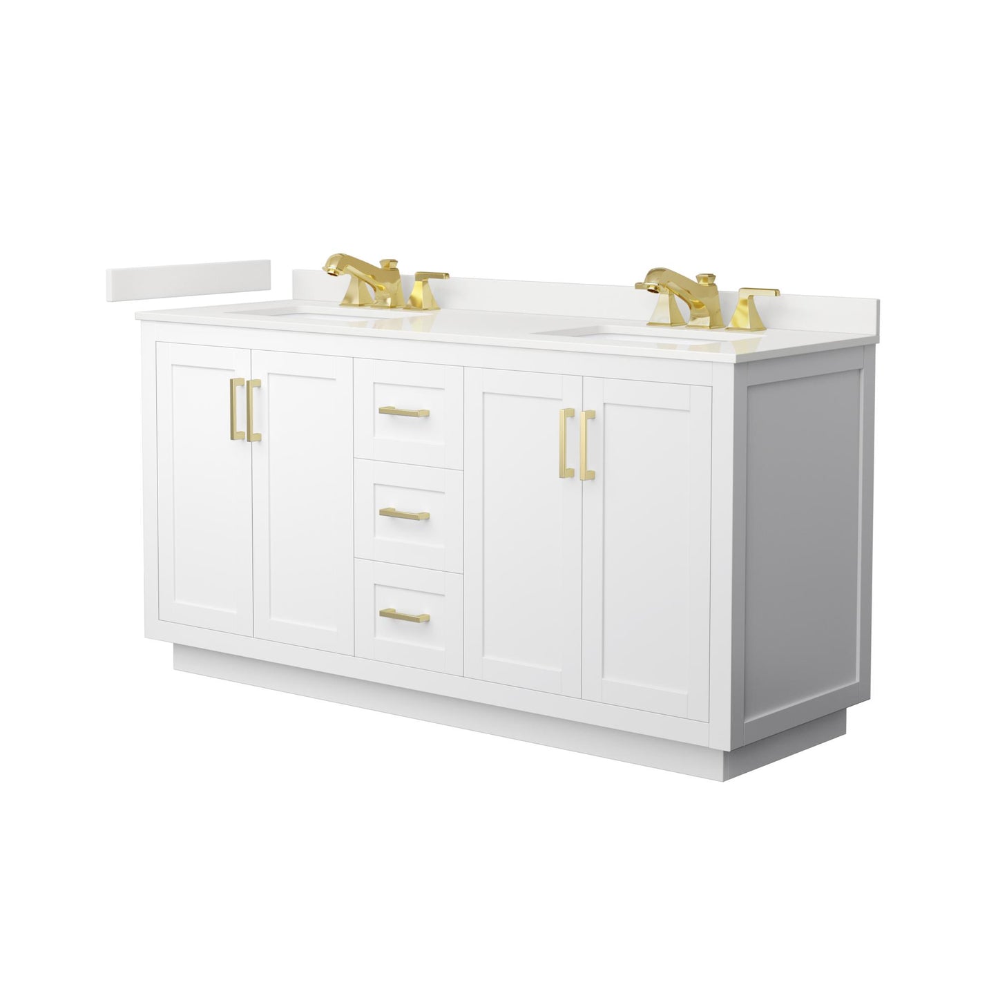 Wyndham Collection Miranda 66" Double Bathroom Vanity in White, White Quartz Countertop, Undermount Square Sinks (3-Hole), Brushed Gold Trim