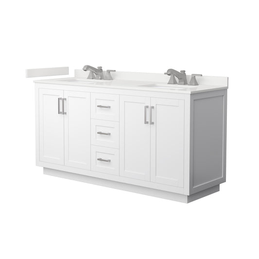 Wyndham Collection Miranda 66" Double Bathroom Vanity in White, White Quartz Countertop, Undermount Square Sinks (3-Hole), Brushed Nickel Trim