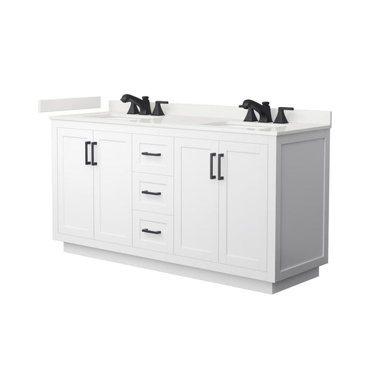 Wyndham Collection Miranda 66" Double Bathroom Vanity in White, White Quartz Countertop, Undermount Square Sinks (3-Hole), Matte Black Trim