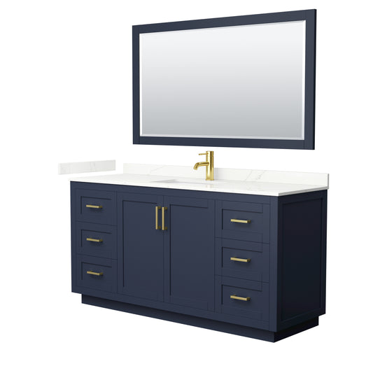 Wyndham Collection Miranda 66" Single Bathroom Vanity in Dark Blue, Giotto Quartz Countertop, Undermount Square Sink (1-Hole), Brushed Gold Trim, 58" Mirror