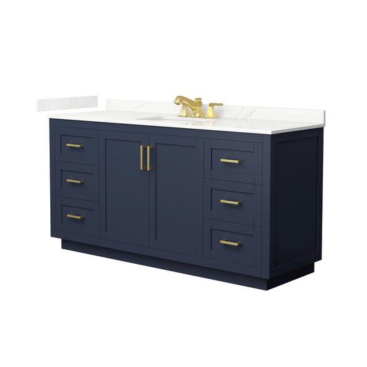 Wyndham Collection Miranda 66" Single Bathroom Vanity in Dark Blue, Giotto Quartz Countertop, Undermount Square Sink (3-Hole), Brushed Gold Trim