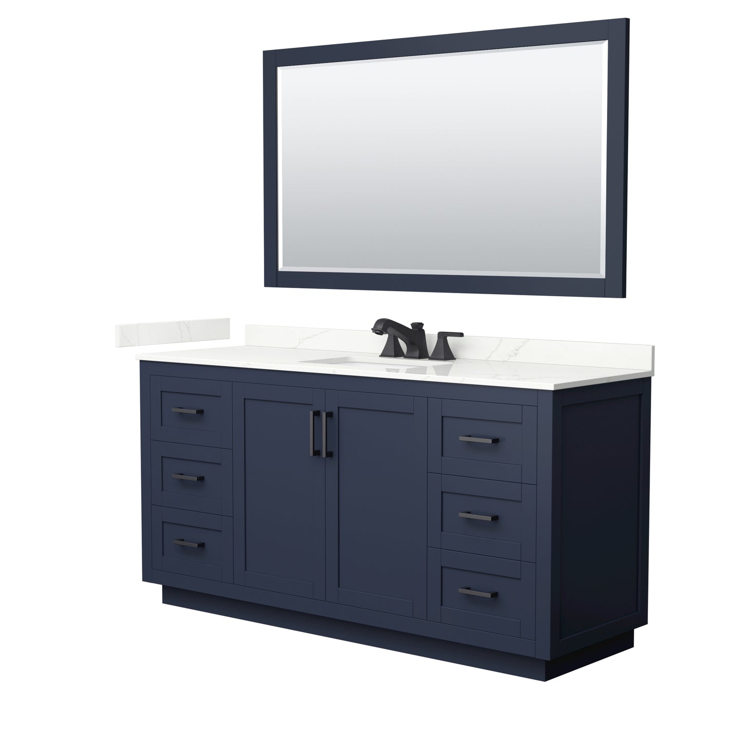 Wyndham Collection Miranda 66" Single Bathroom Vanity in Dark Blue, Giotto Quartz Countertop, Undermount Square Sink (3-Hole), Matte Black Trim, 58" Mirror