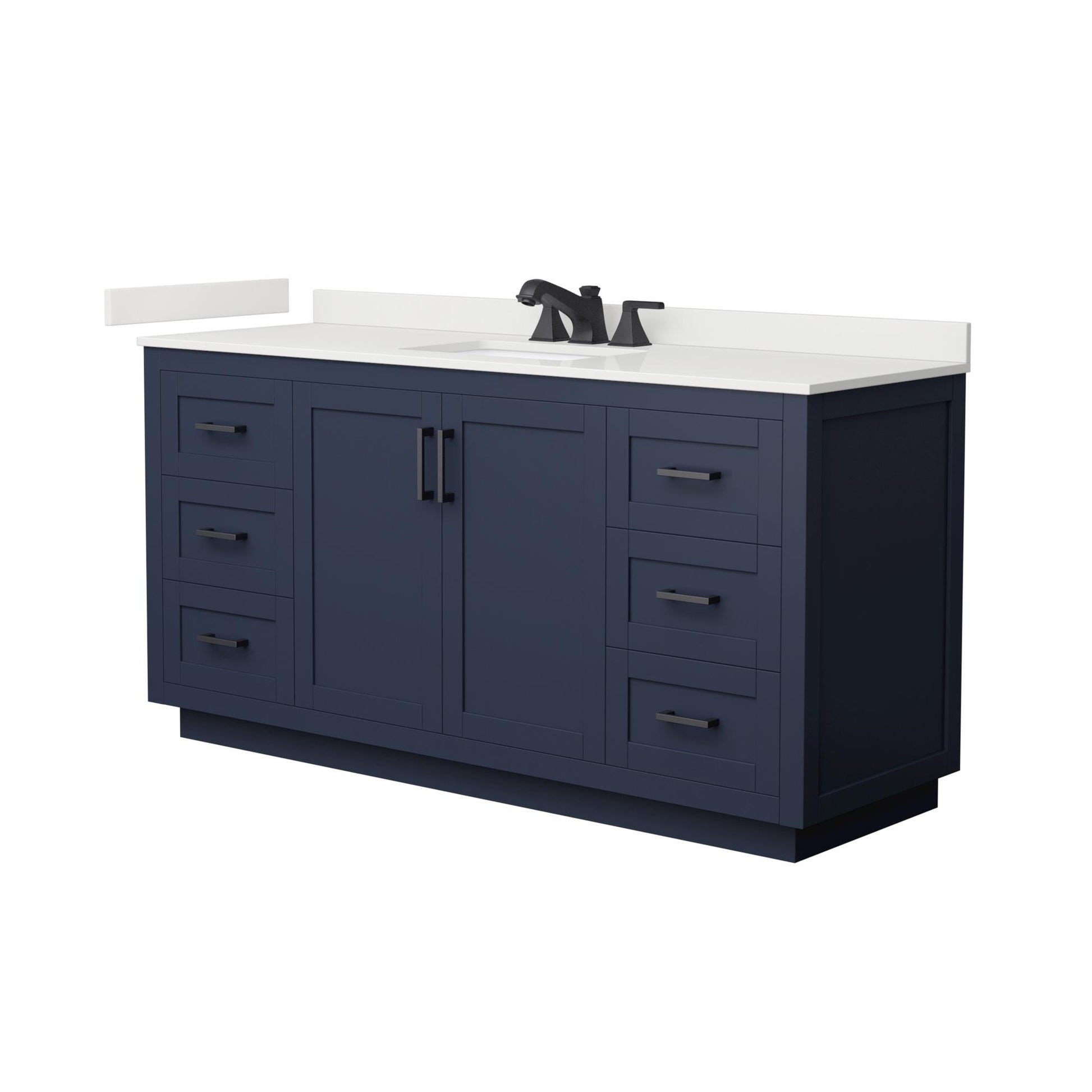 Wyndham Collection Miranda 66" Single Bathroom Vanity in Dark Blue, White Quartz Countertop, Undermount Square Sink (3-Hole), Matte Black Trim