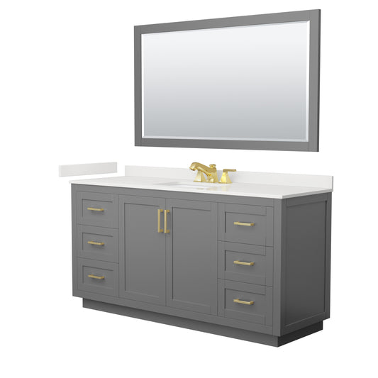 Wyndham Collection Miranda 66" Single Bathroom Vanity in Dark Gray, White Quartz Countertop, Undermount Square Sink (3-Hole), Brushed Gold Trim, 58" Mirror