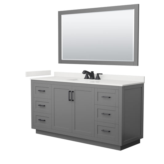 Wyndham Collection Miranda 66" Single Bathroom Vanity in Dark Gray, White Quartz Countertop, Undermount Square Sink (3-Hole), Matte Black Trim, 58" Mirror