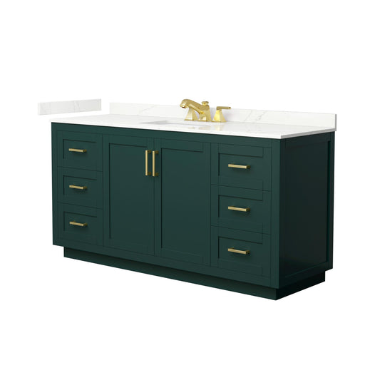 Wyndham Collection Miranda 66" Single Bathroom Vanity in Green, Giotto Quartz Countertop, Undermount Square Sink (3-Hole), Brushed Gold Trim