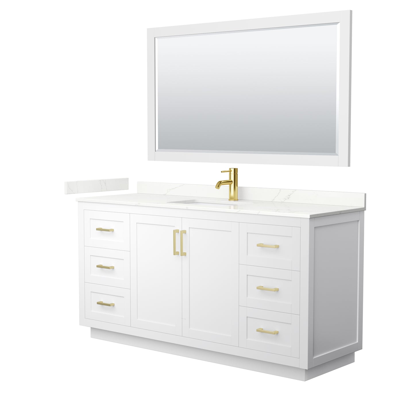 Wyndham Collection Miranda 66" Single Bathroom Vanity in White, Giotto Quartz Countertop, Undermount Square Sink (1-Hole), Brushed Gold Trim, 58" Mirror