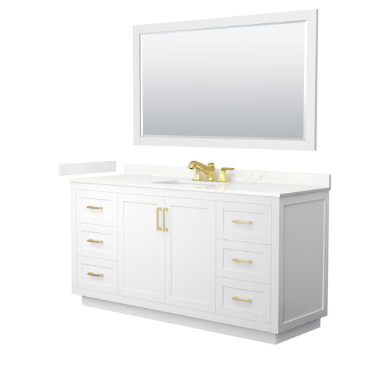Wyndham Collection Miranda 66" Single Bathroom Vanity in White, Giotto Quartz Countertop, Undermount Square Sink (3-Hole), Brushed Gold Trim, 58" Mirror