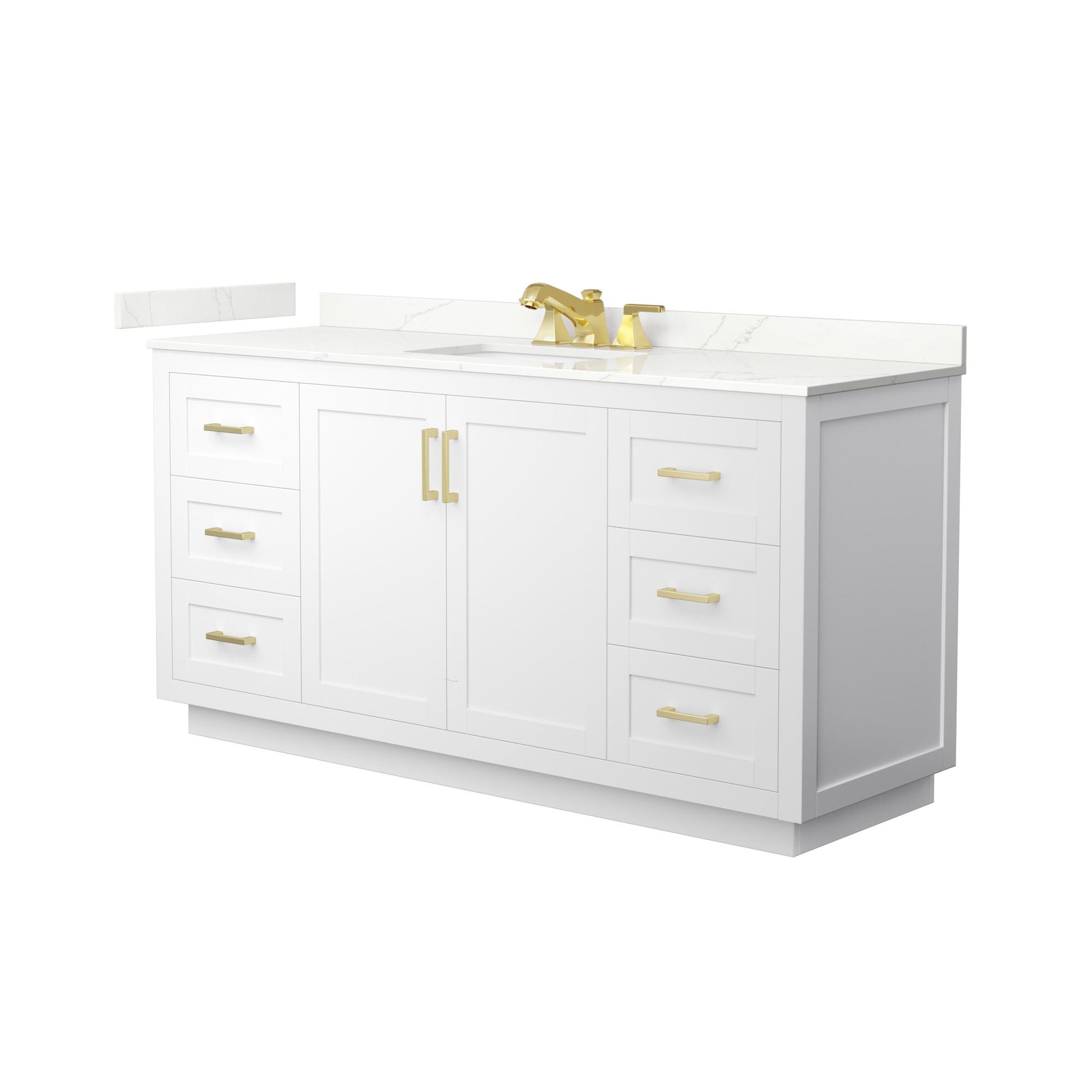 Wyndham Collection Miranda 66" Single Bathroom Vanity in White, Giotto Quartz Countertop, Undermount Square Sink (3-Hole), Brushed Gold Trim