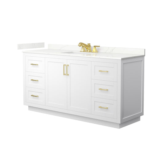 Wyndham Collection Miranda 66" Single Bathroom Vanity in White, Giotto Quartz Countertop, Undermount Square Sink (3-Hole), Brushed Gold Trim