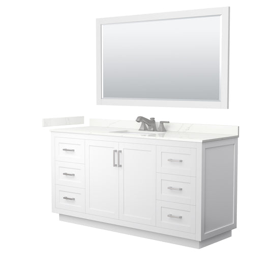 Wyndham Collection Miranda 66" Single Bathroom Vanity in White, Giotto Quartz Countertop, Undermount Square Sink (3-Hole), Brushed Nickel Trim, 58" Mirror