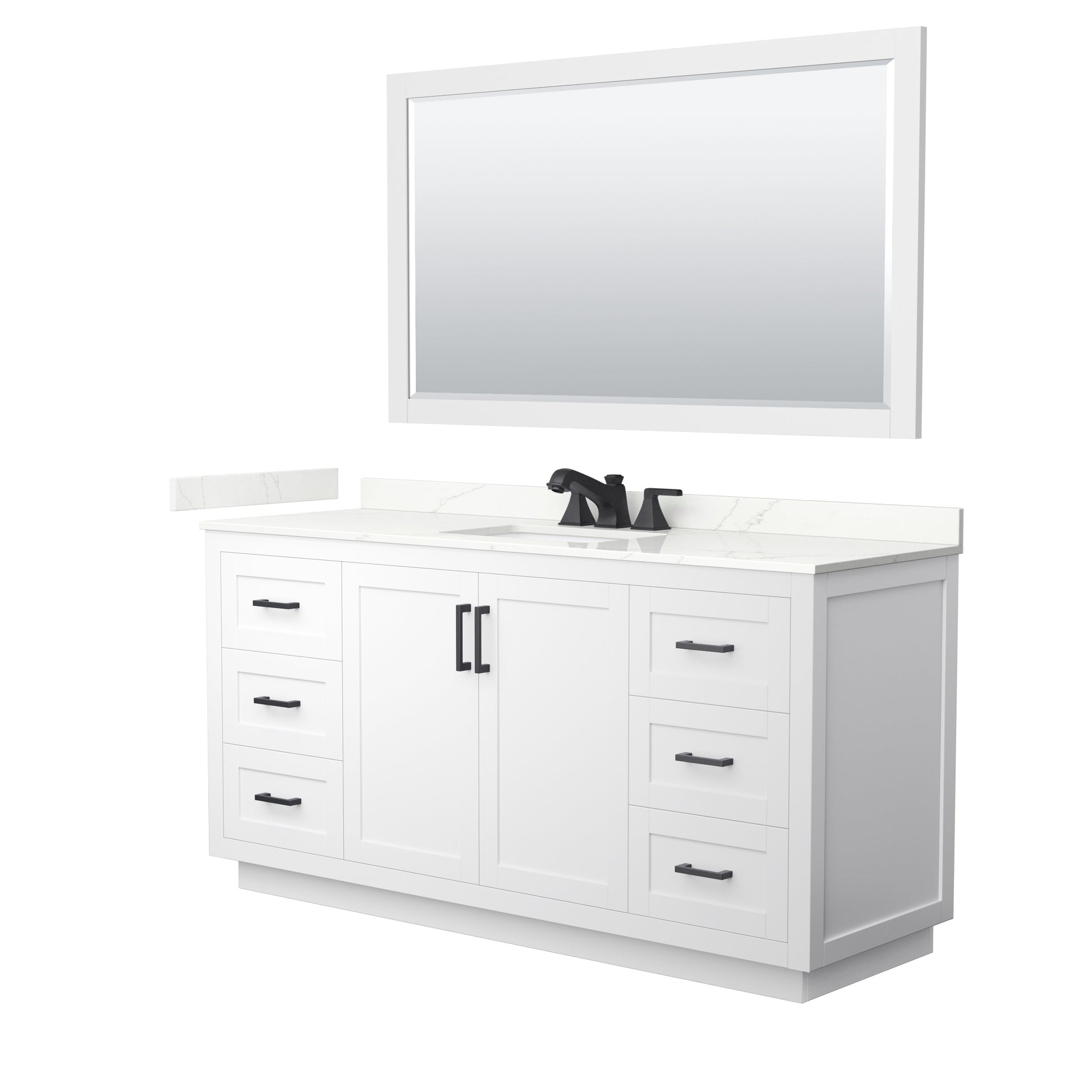 Wyndham Collection Miranda 66" Single Bathroom Vanity in White, Giotto Quartz Countertop, Undermount Square Sink (3-Hole), Matte Black Trim, 58" Mirror