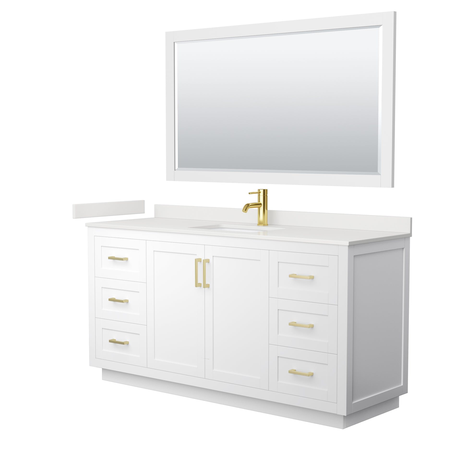 Wyndham Collection Miranda 66" Single Bathroom Vanity in White, White Quartz Countertop, Undermount Square Sink (1-Hole), Brushed Gold Trim, 58" Mirror