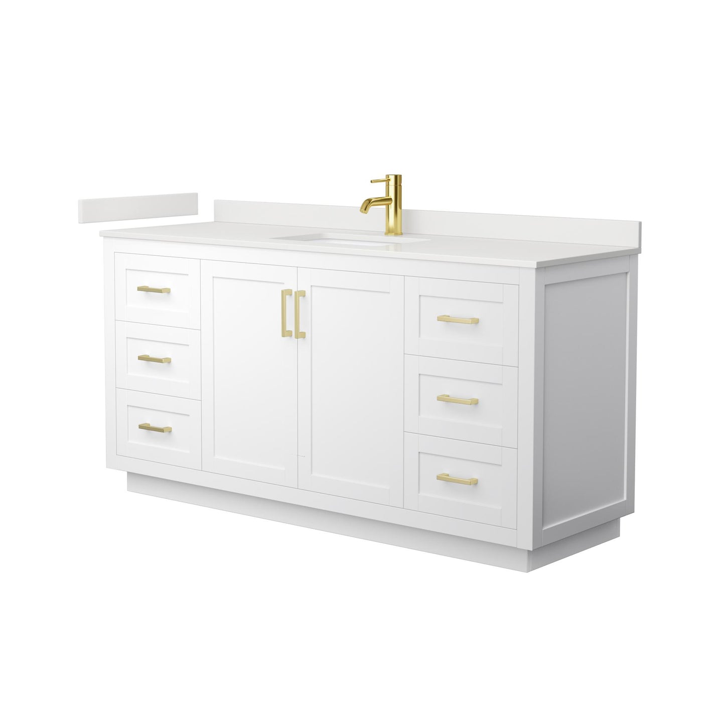 Wyndham Collection Miranda 66" Single Bathroom Vanity in White, White Quartz Countertop, Undermount Square Sink (1-Hole), Brushed Gold Trim