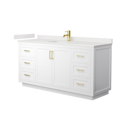 Wyndham Collection Miranda 66" Single Bathroom Vanity in White, White Quartz Countertop, Undermount Square Sink (1-Hole), Brushed Gold Trim