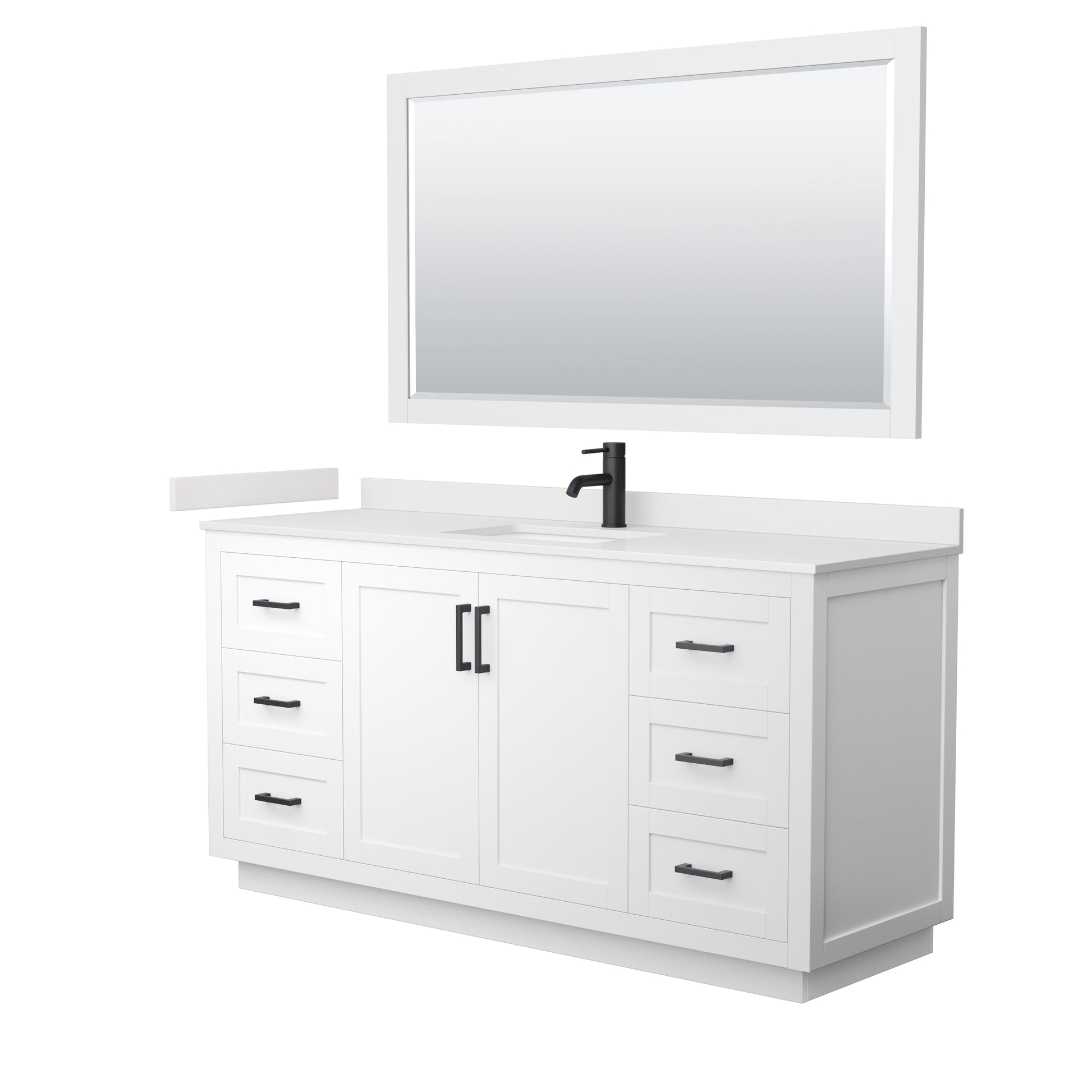 Wyndham Collection Miranda 66" Single Bathroom Vanity in White, White Quartz Countertop, Undermount Square Sink (1-Hole), Matte Black Trim, 58" Mirror