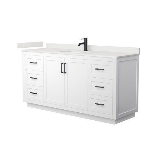 Wyndham Collection Miranda 66" Single Bathroom Vanity in White, White Quartz Countertop, Undermount Square Sink (1-Hole), Matte Black Trim