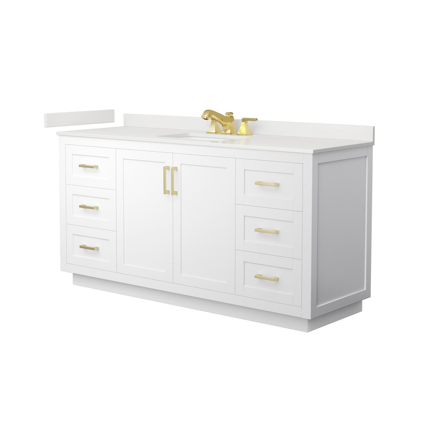 Wyndham Collection Miranda 66" Single Bathroom Vanity in White, White Quartz Countertop, Undermount Square Sink (3-Hole), Brushed Gold Trim