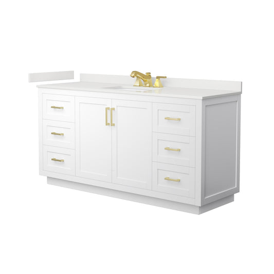 Wyndham Collection Miranda 66" Single Bathroom Vanity in White, White Quartz Countertop, Undermount Square Sink (3-Hole), Brushed Gold Trim