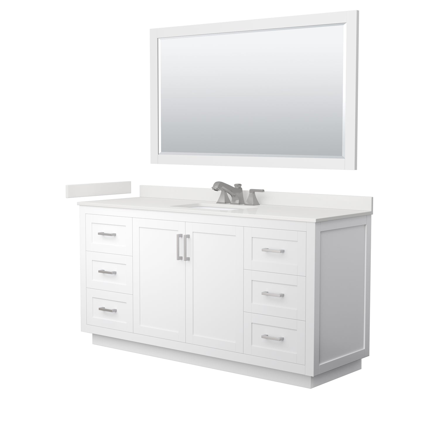 Wyndham Collection Miranda 66" Single Bathroom Vanity in White, White Quartz Countertop, Undermount Square Sink (3-Hole), Brushed Nickel Trim, 58" Mirror