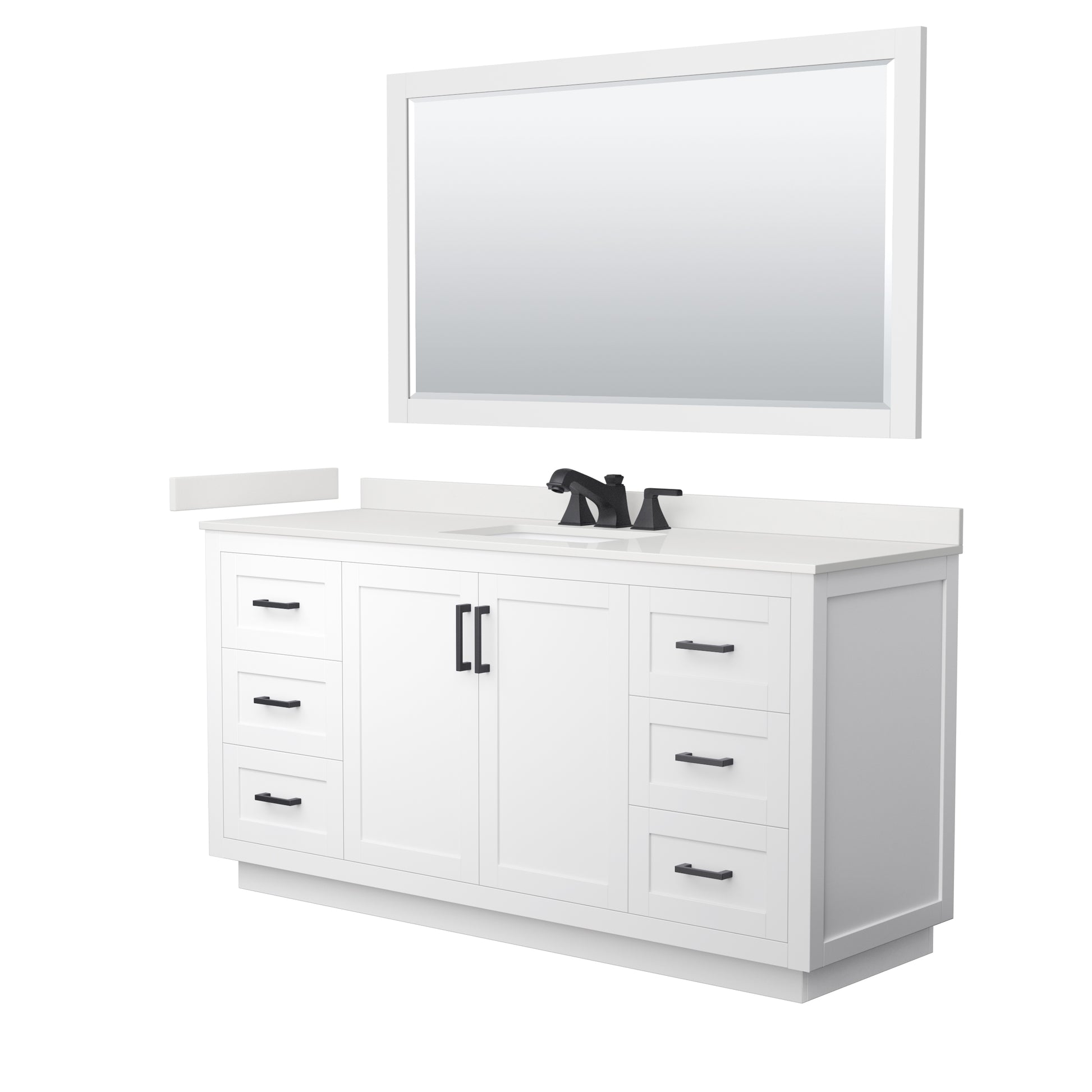 Wyndham Collection Miranda 66" Single Bathroom Vanity in White, White Quartz Countertop, Undermount Square Sink (3-Hole), Matte Black Trim, 58" Mirror
