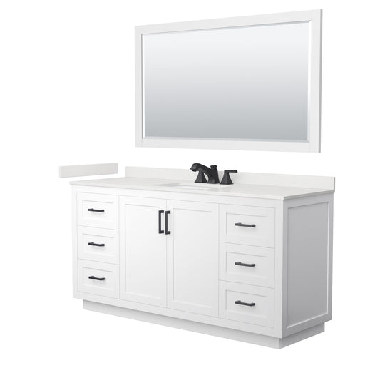Wyndham Collection Miranda 66" Single Bathroom Vanity in White, White Quartz Countertop, Undermount Square Sink (3-Hole), Matte Black Trim, 58" Mirror