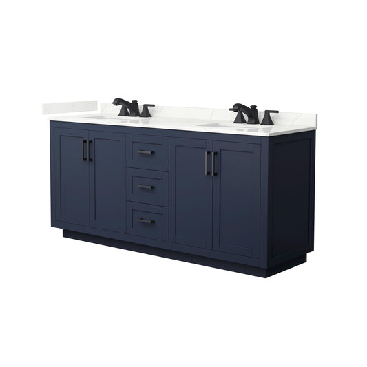 Wyndham Collection Miranda 72" Double Bathroom Vanity in Dark Blue, Giotto Quartz Countertop, Undermount Square Sinks (3-Hole), Matte Black Trim