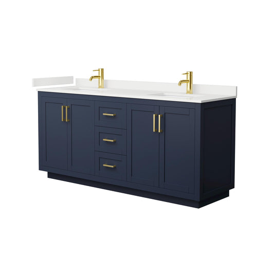 Wyndham Collection Miranda 72" Double Bathroom Vanity in Dark Blue, White Quartz Countertop, Undermount Square Sinks (1-Hole), Brushed Gold Trim