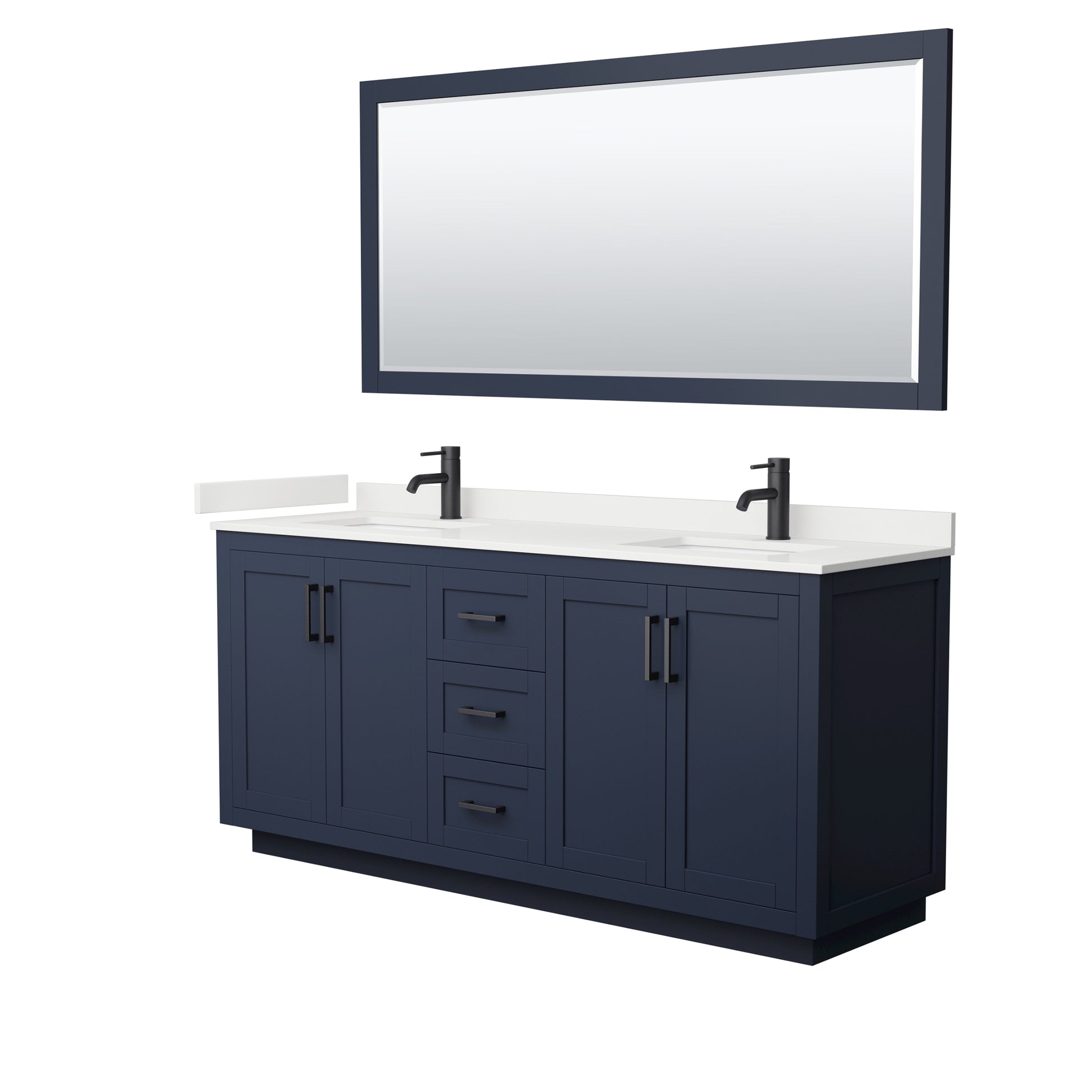 Wyndham Collection Miranda 72" Double Bathroom Vanity in Dark Blue, White Quartz Countertop, Undermount Square Sinks (1-Hole), Matte Black Trim, 70" Mirror