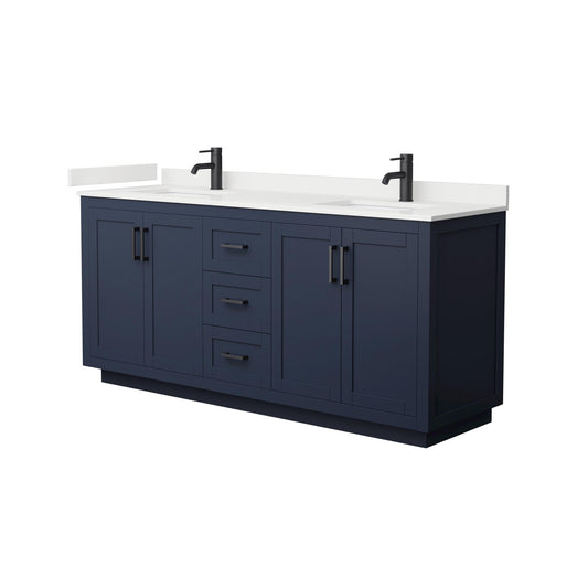 Wyndham Collection Miranda 72" Double Bathroom Vanity in Dark Blue, White Quartz Countertop, Undermount Square Sinks (1-Hole), Matte Black Trim