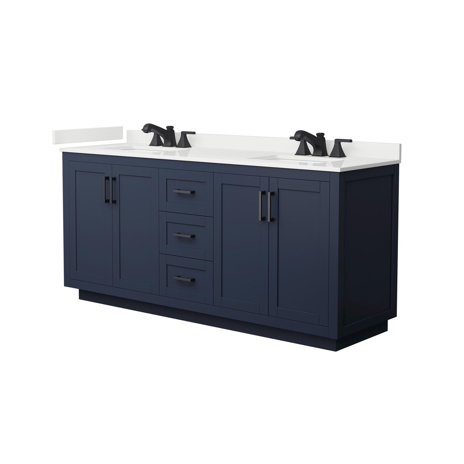 Wyndham Collection Miranda 72" Double Bathroom Vanity in Dark Blue, White Quartz Countertop, Undermount Square Sinks (3-Hole), Matte Black Trim
