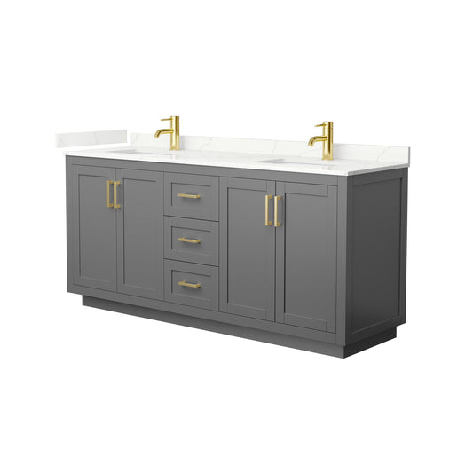 Wyndham Collection Miranda 72" Double Bathroom Vanity in Dark Gray, Giotto Quartz Countertop, Undermount Square Sinks (1-Hole), Brushed Gold Trim