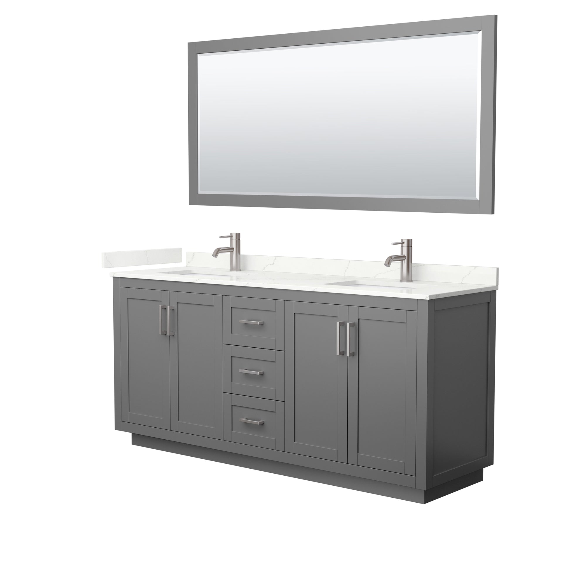 Wyndham Collection Miranda 72" Double Bathroom Vanity in Dark Gray, Giotto Quartz Countertop, Undermount Square Sinks (1-Hole), Brushed Nickel Trim, 70" Mirror