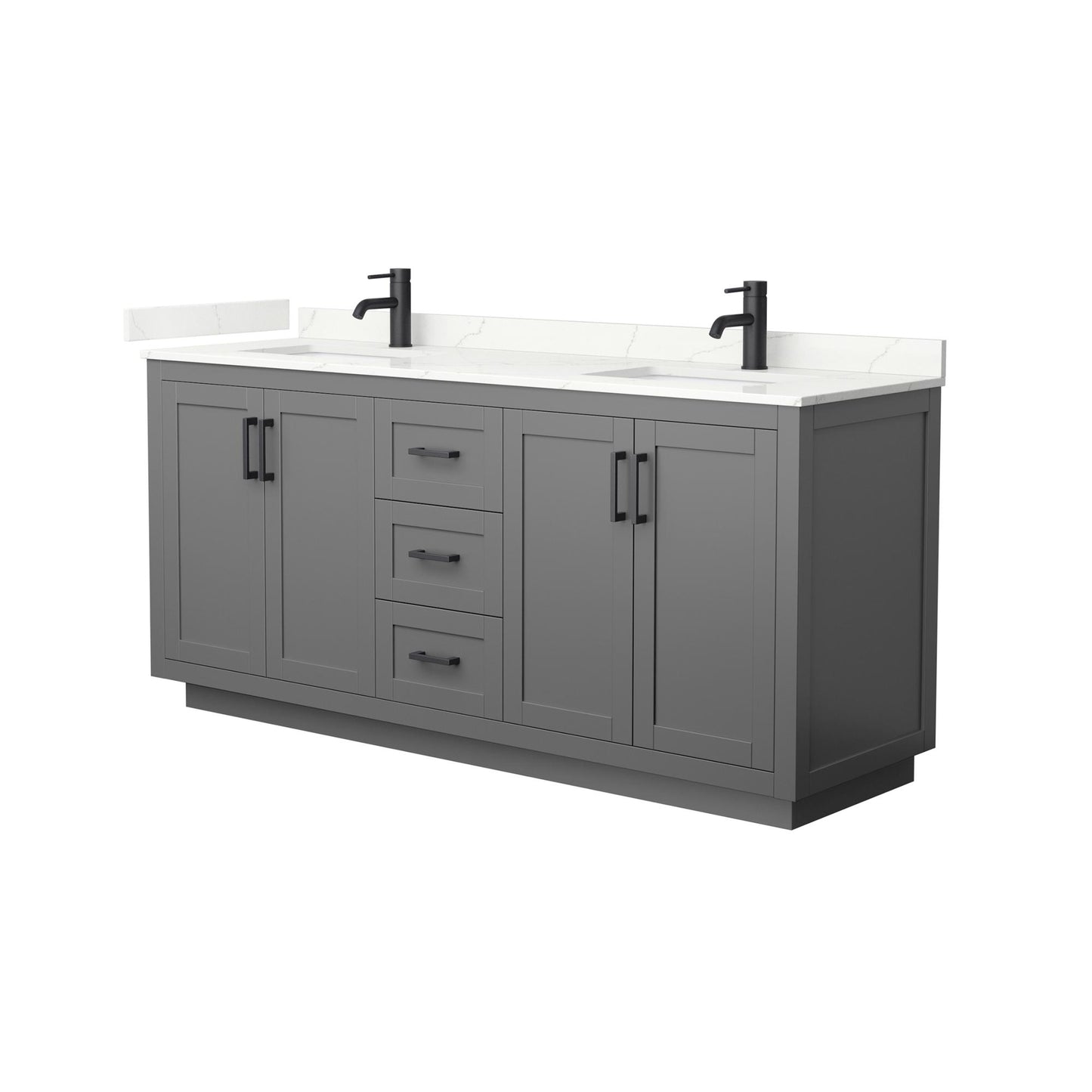 Wyndham Collection Miranda 72" Double Bathroom Vanity in Dark Gray, Giotto Quartz Countertop, Undermount Square Sinks (1-Hole), Matte Black Trim