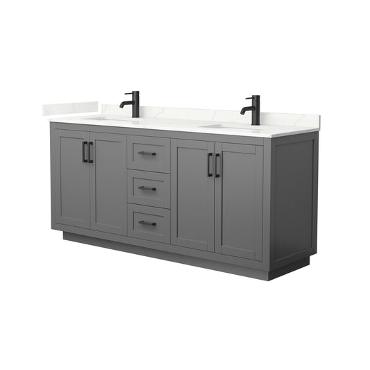 Wyndham Collection Miranda 72" Double Bathroom Vanity in Dark Gray, Giotto Quartz Countertop, Undermount Square Sinks (1-Hole), Matte Black Trim