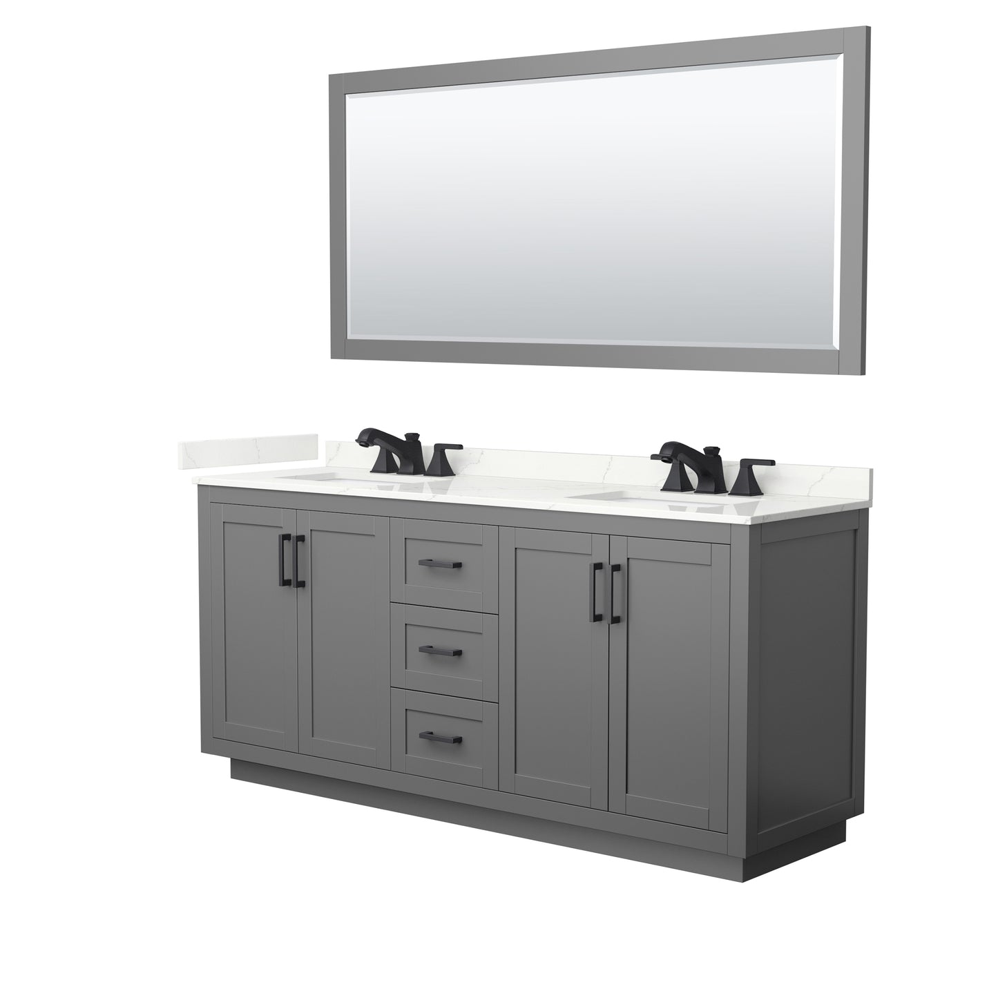 Wyndham Collection Miranda 72" Double Bathroom Vanity in Dark Gray, Giotto Quartz Countertop, Undermount Square Sinks (3-Hole), Matte Black Trim, 70" Mirror