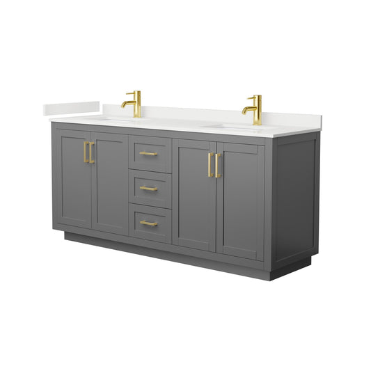 Wyndham Collection Miranda 72" Double Bathroom Vanity in Dark Gray, White Quartz Countertop, Undermount Square Sinks (1-Hole), Brushed Gold Trim