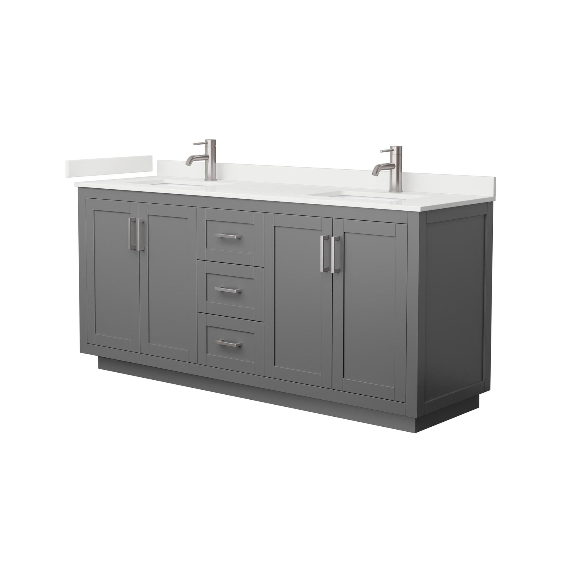 Wyndham Collection Miranda 72" Double Bathroom Vanity in Dark Gray, White Quartz Countertop, Undermount Square Sinks (1-Hole), Brushed Nickel Trim