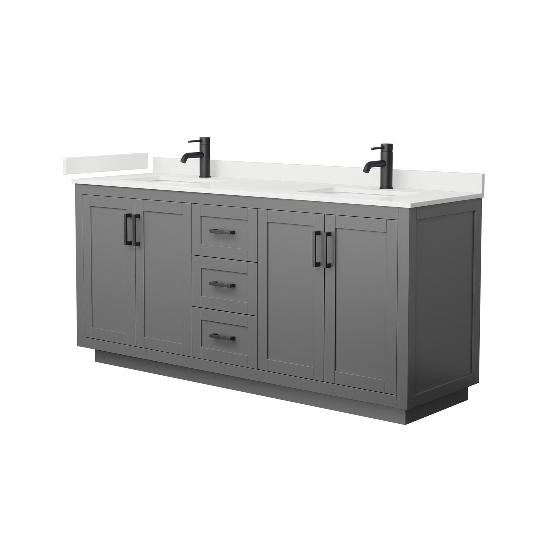 Wyndham Collection Miranda 72" Double Bathroom Vanity in Dark Gray, White Quartz Countertop, Undermount Square Sinks (1-Hole), Matte Black Trim