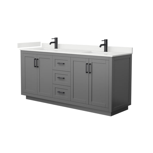 Wyndham Collection Miranda 72" Double Bathroom Vanity in Dark Gray, White Quartz Countertop, Undermount Square Sinks (1-Hole), Matte Black Trim