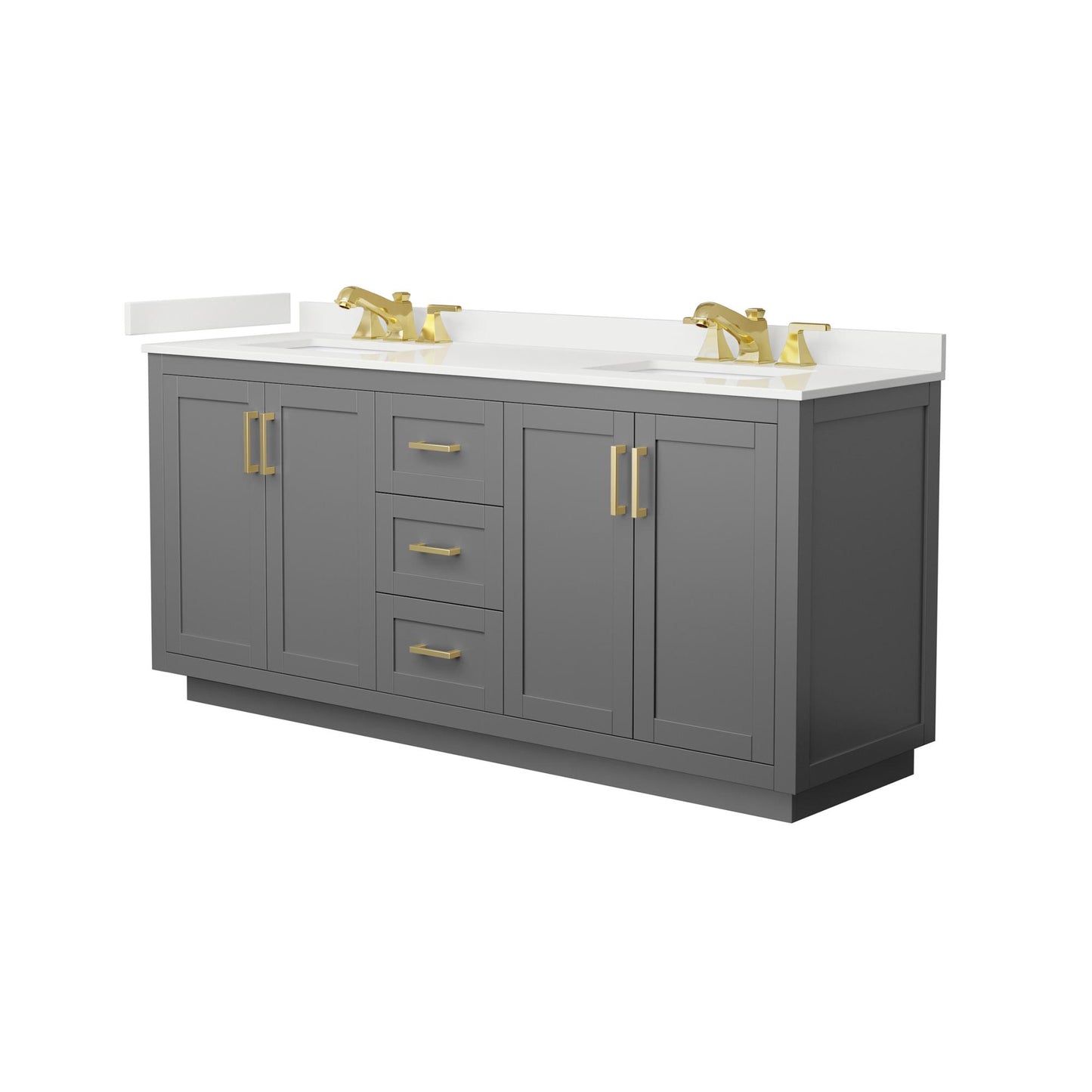 Wyndham Collection Miranda 72" Double Bathroom Vanity in Dark Gray, White Quartz Countertop, Undermount Square Sinks (3-Hole), Brushed Gold Trim