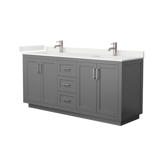 Wyndham Collection Miranda 72" Double Bathroom Vanity in Dark Gray, White Quartz Countertop, Undermount Square Sinks (3-Hole), Brushed Nickel Trim