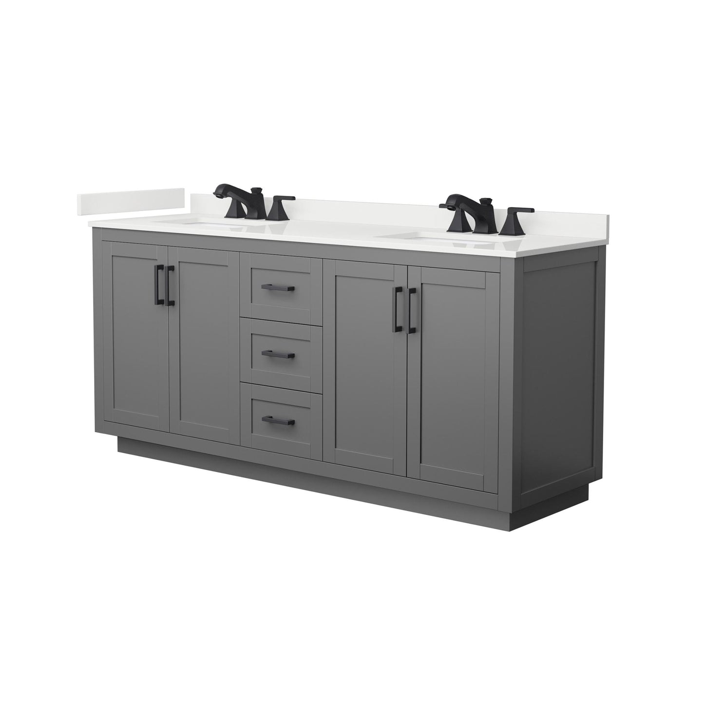 Wyndham Collection Miranda 72" Double Bathroom Vanity in Dark Gray, White Quartz Countertop, Undermount Square Sinks (3-Hole), Matte Black Trim