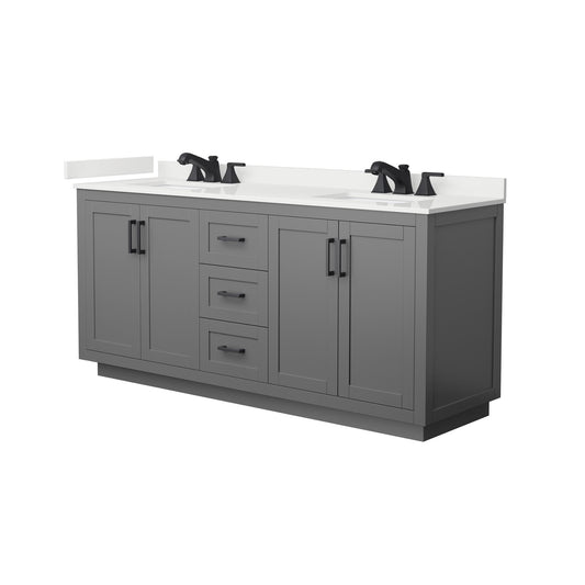 Wyndham Collection Miranda 72" Double Bathroom Vanity in Dark Gray, White Quartz Countertop, Undermount Square Sinks (3-Hole), Matte Black Trim